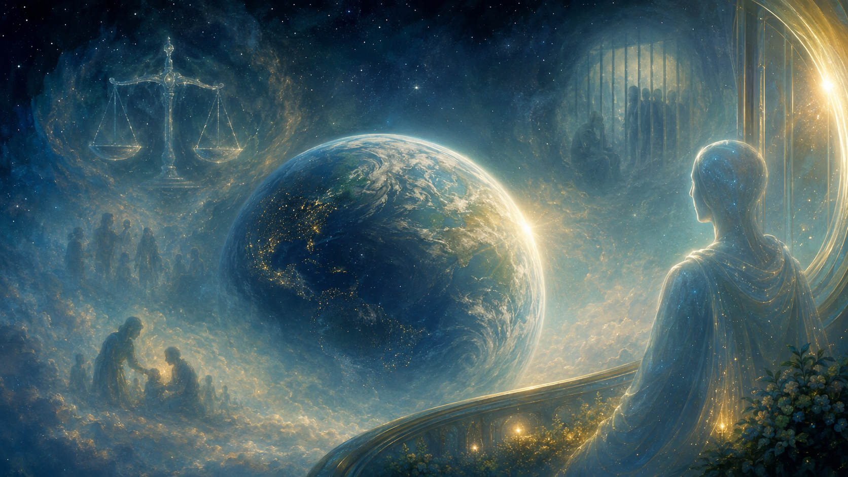 Una civiltà evoluta osserva simbolicamente la Terra e il sistema della giustizia umana
